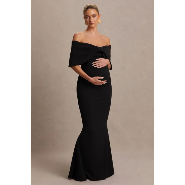 Libra | Robe longue de maternité Bardot noire avec nœud