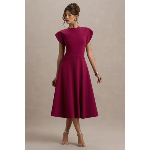 Linda | Robe Mi-Longue Cerise Foncée à Col Haut et Manches Courtes