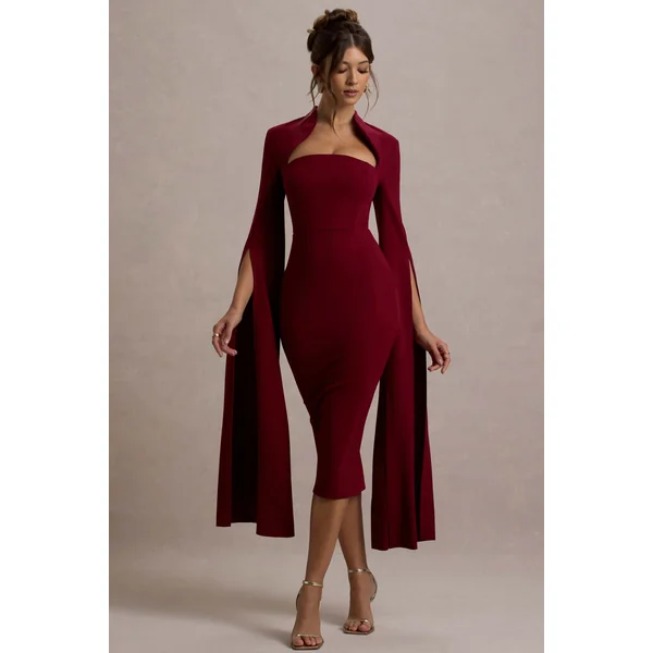 Linden | Robe Mi-Longue Moulante Bordeaux à Manche Cape