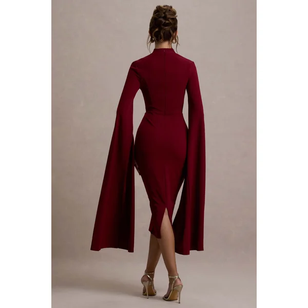 Linden | Robe Mi-Longue Moulante Bordeaux à Manche Cape