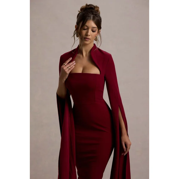 Linden | Robe Mi-Longue Moulante Bordeaux à Manche Cape