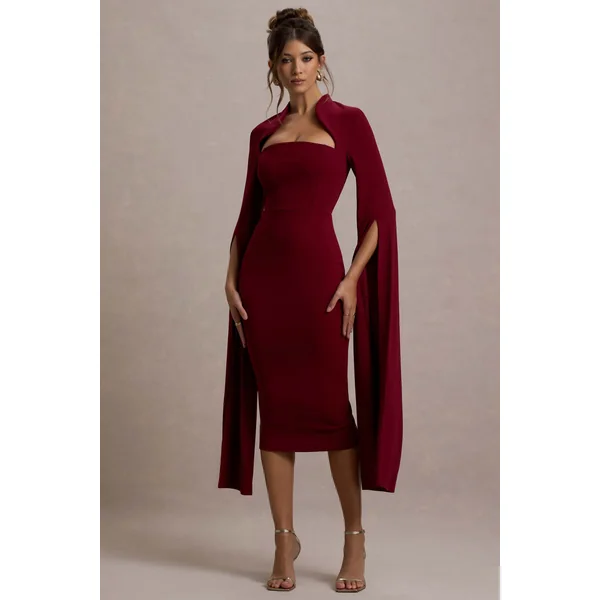 Linden | Robe Mi-Longue Moulante Bordeaux à Manche Cape