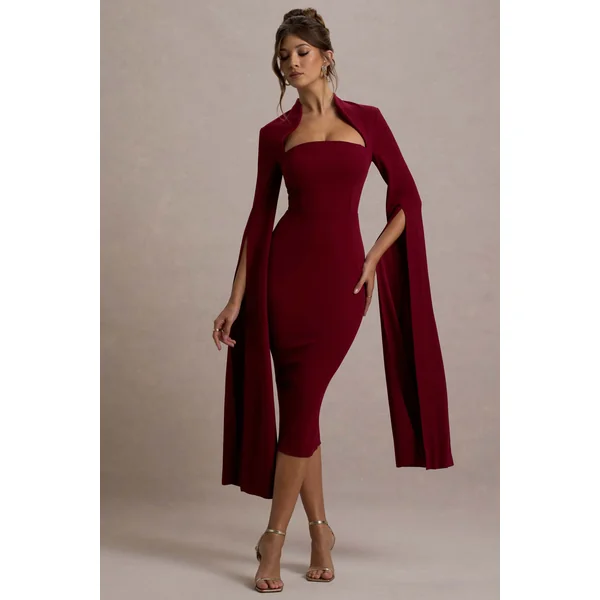 Linden | Robe Mi-Longue Moulante Bordeaux à Manche Cape