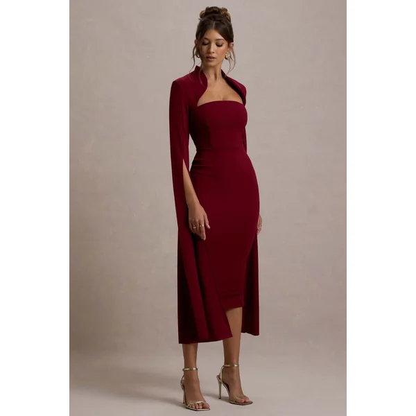 Linden | Robe Mi-Longue Moulante Bordeaux à Manche Cape