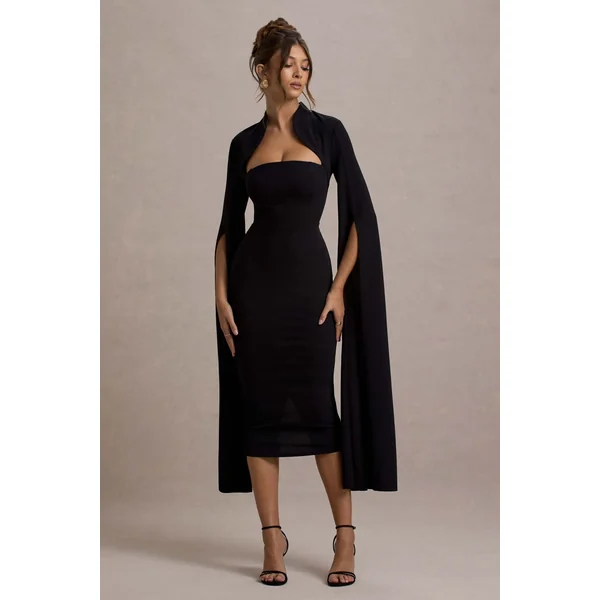 Linden | Robe Mi-Longue Moulante Noire à Manche Cape