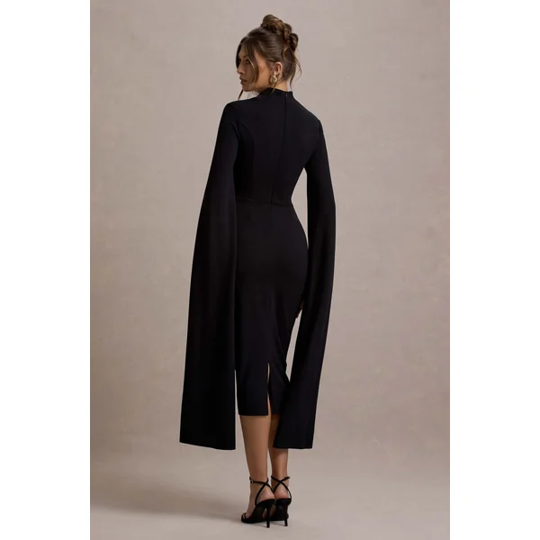 Linden | Robe Mi-Longue Moulante Noire à Manche Cape