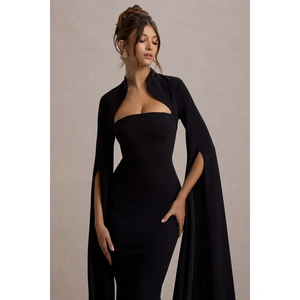 Linden | Robe Mi-Longue Moulante Noire à Manche Cape