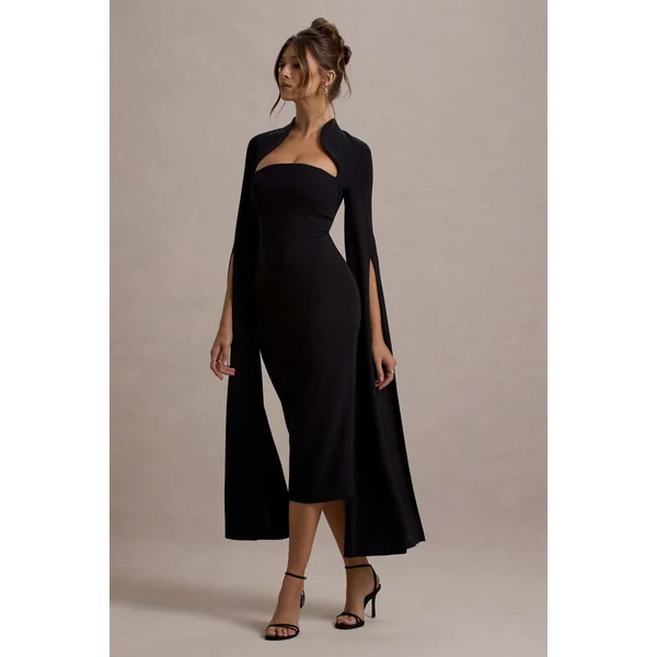Linden | Robe Mi-Longue Moulante Noire à Manche Cape