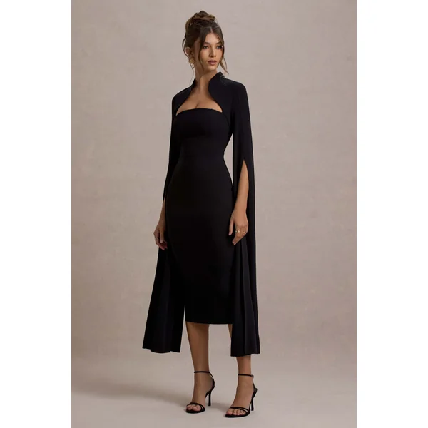 Linden | Robe Mi-Longue Moulante Noire à Manche Cape