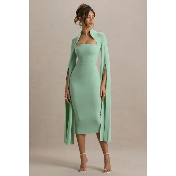 Linden | Robe Mi-Longue Moulante Vert Clair à Manche Cape
