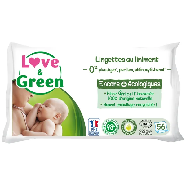 Lingettes certifiées Cosmos Nat & hypoallergéniques au liniment x 56 | LOVE & GREEN