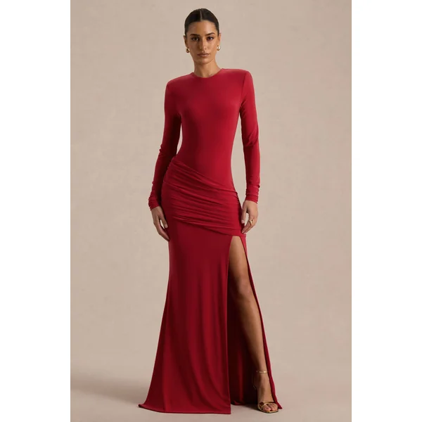 Liora | Robe longue rouge à col montant avec fente avant haute