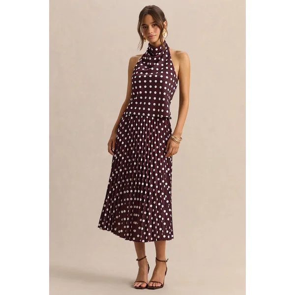 Lirona | Top Marron à Pois en Satin à Col Montant