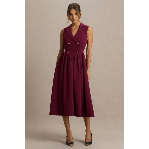 Lisa | Robe mi-longue bordeaux à décolleté plongeant et coupe tailleur