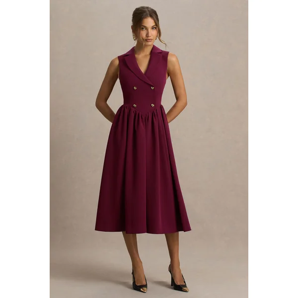 Lisa | Robe mi-longue bordeaux à décolleté plongeant et coupe tailleur