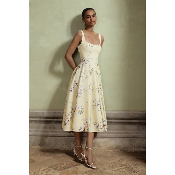 Lissa | Robe mi-longue à col carré avec imprimé bouquet floral citron