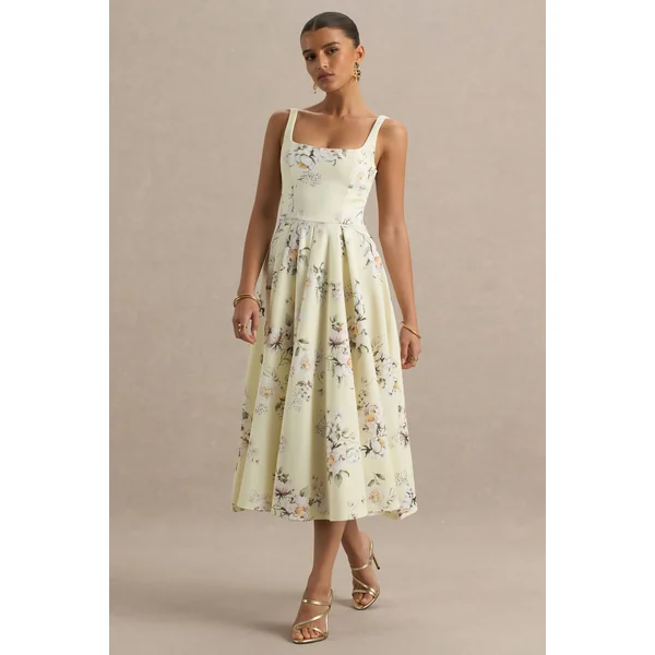 Lissa | Robe mi-longue à col carré avec imprimé bouquet floral citron