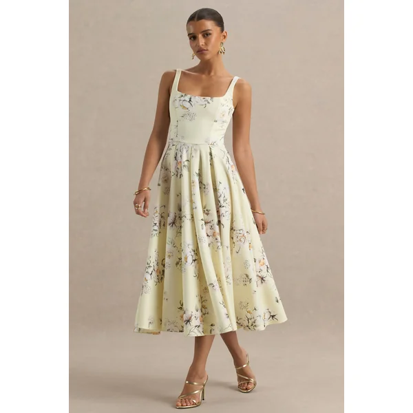 Lissa | Robe mi-longue à col carré avec imprimé bouquet floral citron
