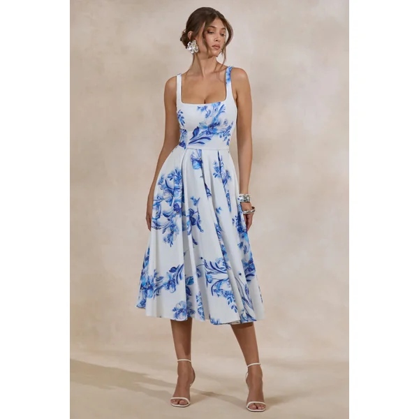 Lissa | Robe mi-longue à imprimé floral bleu à col carré