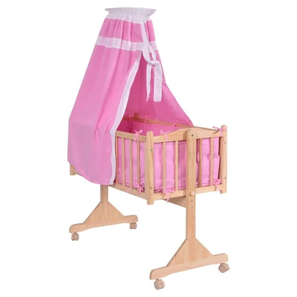 Lit bébé en bois Berceau bébé berceau à bascule matelas ciel de lit set de lit 9 pièces Rose