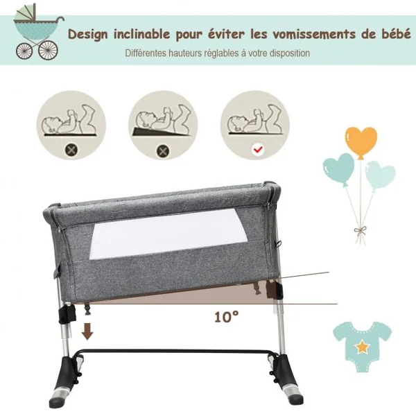 Lit Bébé Parapluie pour Voyage 2 en 1 avec Sac de Transport Hauteur Réglable en Tissu+fer+aluminium 97x70x85cm Gris