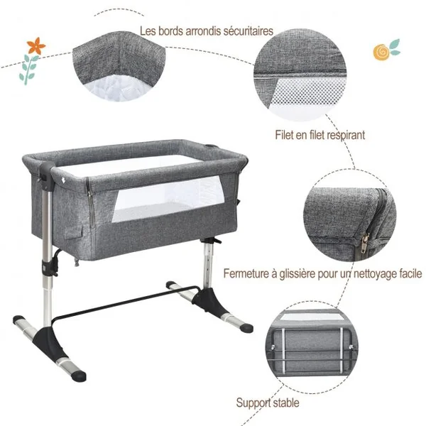 Lit Bébé Parapluie pour Voyage 2 en 1 avec Sac de Transport Hauteur Réglable en Tissu+fer+aluminium 97x70x85cm Gris