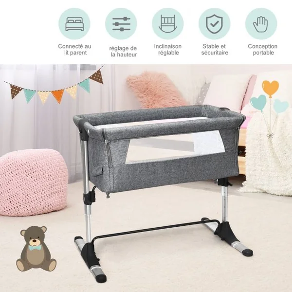 Lit Bébé Parapluie pour Voyage 2 en 1 avec Sac de Transport Hauteur Réglable en Tissu+fer+aluminium 97x70x85cm Gris