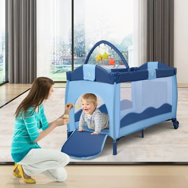 Lit Bébé Pliable de Voyage Lit Parapluie Multifonction en Tissu Oxford+fer 120x60x78cm Motif Éléphant Bleu