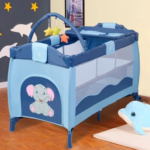 Lit Bébé Pliable de Voyage Lit Parapluie Multifonction en Tissu Oxford+fer 120x60x78cm Motif Éléphant Bleu