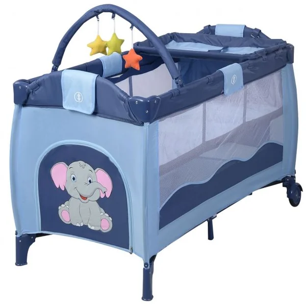 Lit Bébé Pliable de Voyage Lit Parapluie Multifonction en Tissu Oxford+fer 120x60x78cm Motif Éléphant Bleu