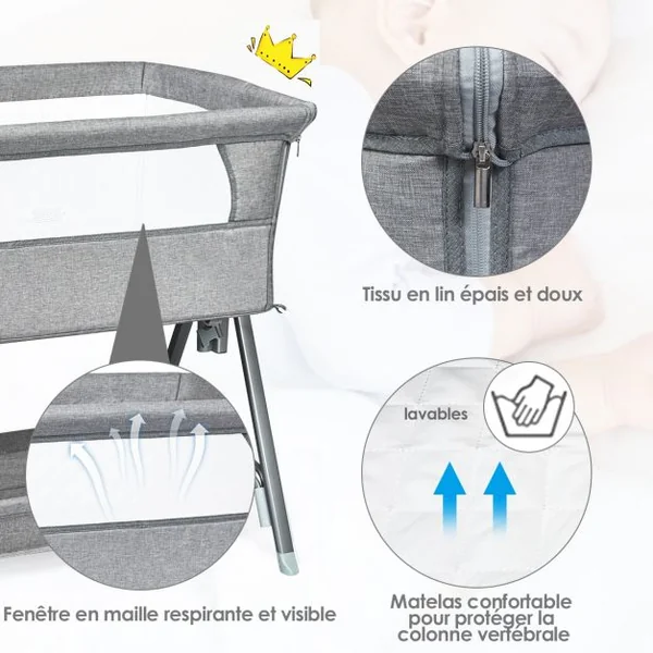 Lit Cododo pour Bébé 0-6 Mois à 15KG Hauteurs Réglables avec Matelas Amovible 3,5CM Gris