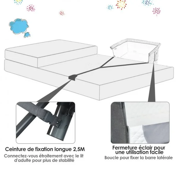 Lit Cododo pour Bébé 0-6 Mois à 15KG Hauteurs Réglables avec Matelas Amovible 3,5CM Gris