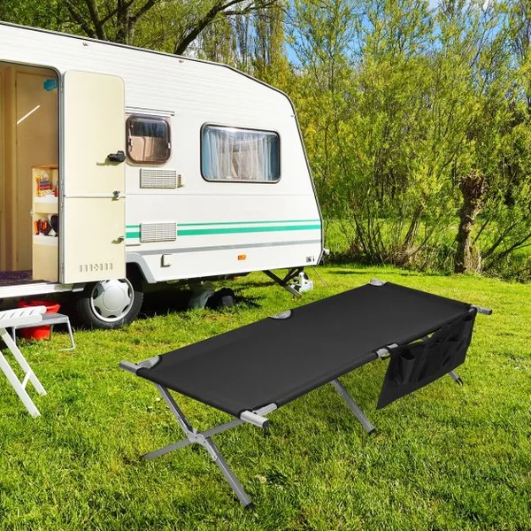 Lit de Camp Pliant Poches Latérales et Sac de Transport Charge Max 130KG 190x73x42CM Noir