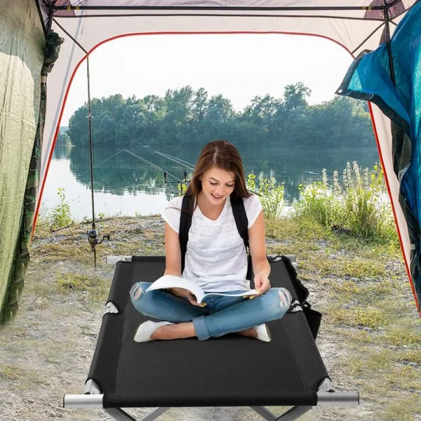 Lit de Camp Pliant Poches Latérales et Sac de Transport Charge Max 130KG 190x73x42CM Noir
