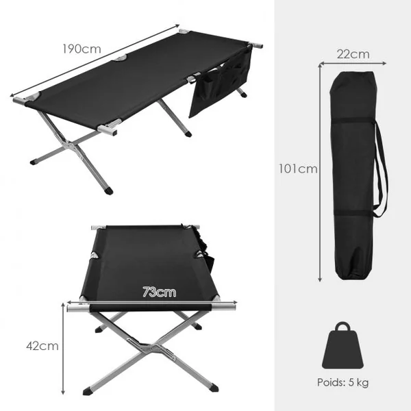Lit de Camp Pliant Poches Latérales et Sac de Transport Charge Max 130KG 190x73x42CM Noir