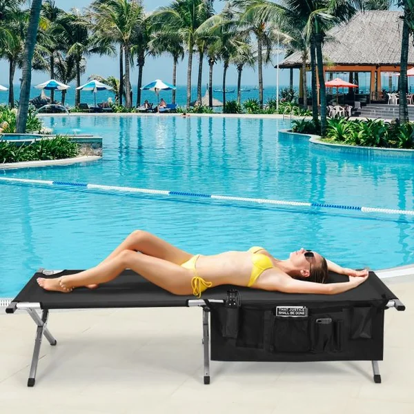 Lit de Camp Pliant Poches Latérales et Sac de Transport Charge Max 130KG 190x73x42CM Noir
