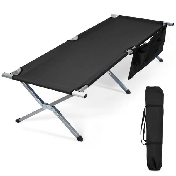 Lit de Camp Pliant Poches Latérales et Sac de Transport Charge Max 130KG 190x73x42CM Noir