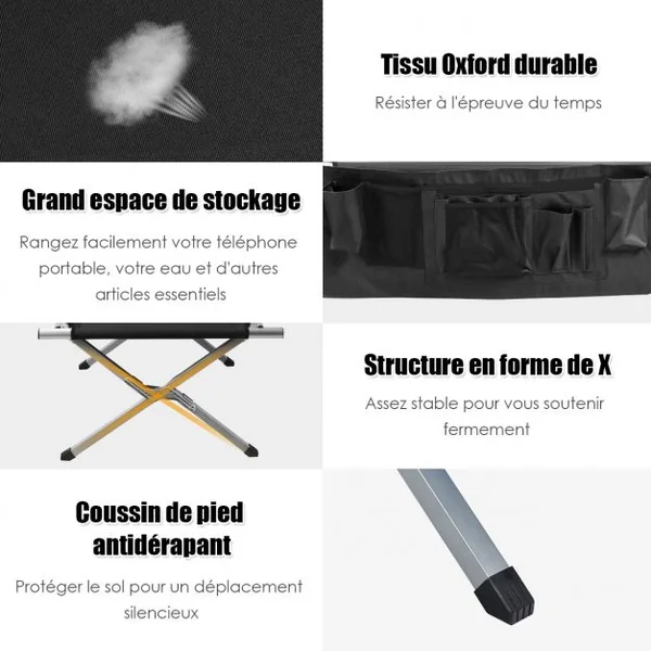 Lit de Camp Pliant Poches Latérales et Sac de Transport Charge Max 130KG 190x73x42CM Noir