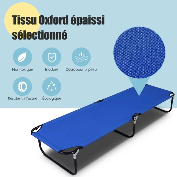 Lit de Camp Pliant Portable 189x56x30cm en Tissu Oxford avec Tube de Fer Charge Jusqu'à 150KG