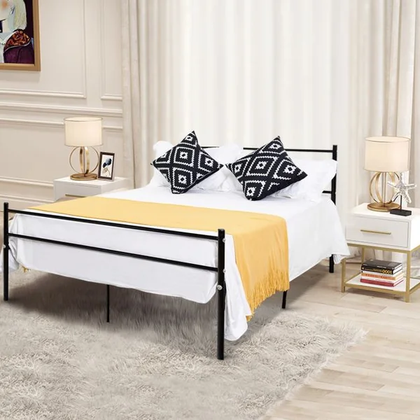 Lit Double Cadre de Lit et Sommier à Lattes Robuste Style Industriel Capacité 200 Kg en Métal196x142x91cm Noir