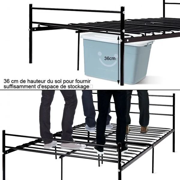 Lit Double Cadre de Lit et Sommier à Lattes Robuste Style Industriel Capacité 200 Kg en Métal196x142x91cm Noir
