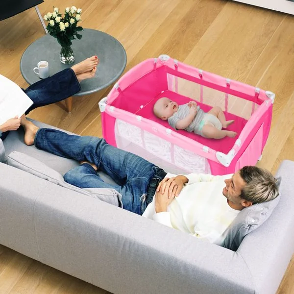 Lit parapluie pour bébé 0-36 mois Lit bébé pliant à roulettes avec accessoires sac de transport, 120 x 60 x 76 cm, Rose
