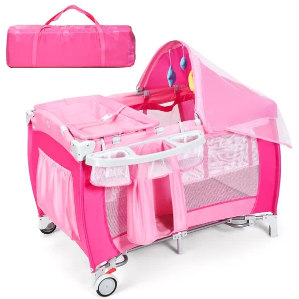 Lit parapluie pour bébé 0-36 mois Lit bébé pliant à roulettes avec accessoires sac de transport, 120 x 60 x 76 cm, Rose