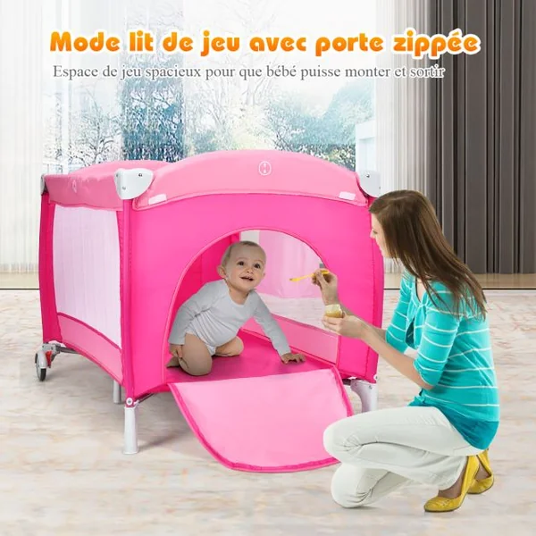 Lit parapluie pour bébé 0-36 mois Lit bébé pliant à roulettes avec accessoires sac de transport, 120 x 60 x 76 cm, Rose
