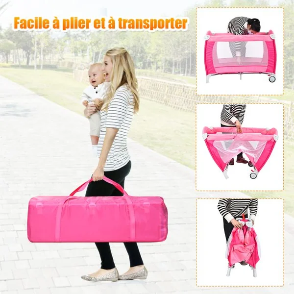 Lit parapluie pour bébé 0-36 mois Lit bébé pliant à roulettes avec accessoires sac de transport, 120 x 60 x 76 cm, Rose