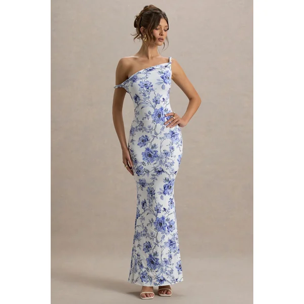Lita | Robe longue asymétrique torsadée à imprimé floral bleu
