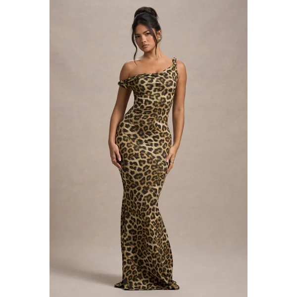 Lita | Robe longue asymétrique torsadée à imprimé léopard abstrait