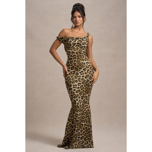 Lita | Robe longue asymétrique torsadée à imprimé léopard abstrait