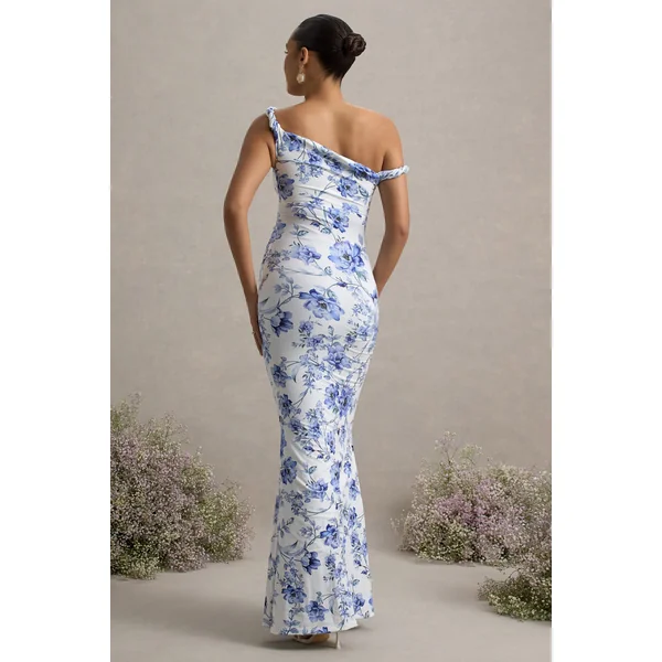 Lita | Robe Longue de Maternité Asymétrique Torsadée Bleu Floral