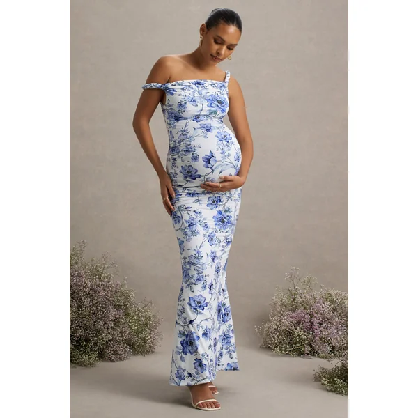 Lita | Robe Longue de Maternité Asymétrique Torsadée Bleu Floral
